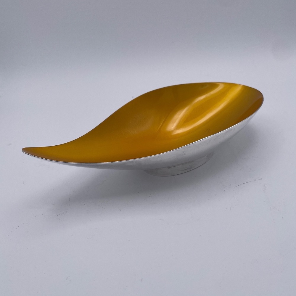 Reed& Barton 64 Enameled Marigold Yellow Silverplate Teardrop Bowl MCM John Prip
